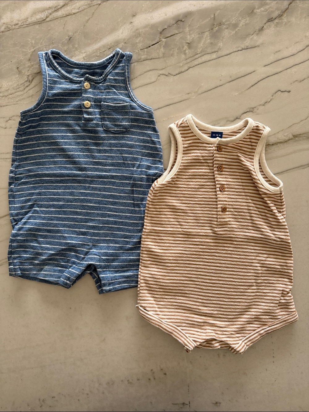 Blue and Tan Striped Baby Boy Sleeveless Rompers